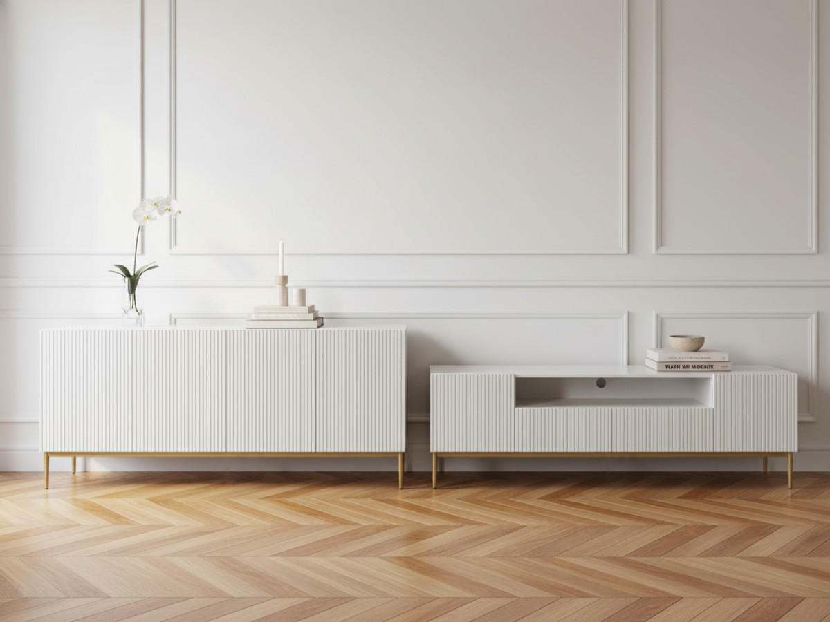 Ensemble KASHA avec Meuble TV 200 cm avec niche + Buffet 4 portes 200 cm pieds or