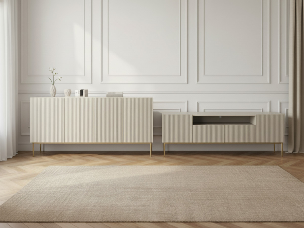 Ensemble KASHA avec Meuble TV 200 cm avec niche + Buffet 4 portes 200 cm pieds or beige