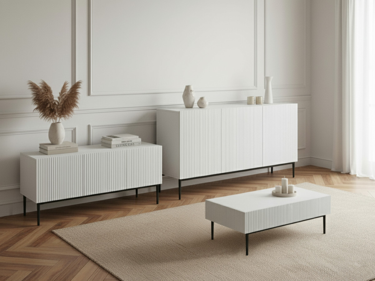 Ensemble KASHA avec meuble TV 150 cm + buffet 150 cm + table basse pieds noirs blanc — vue 4