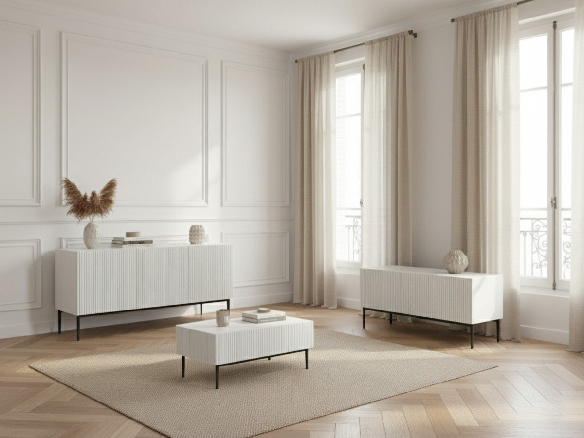 Ensemble KASHA avec meuble TV 150 cm + buffet 150 cm + table basse pieds noirs blanc — vue 5
