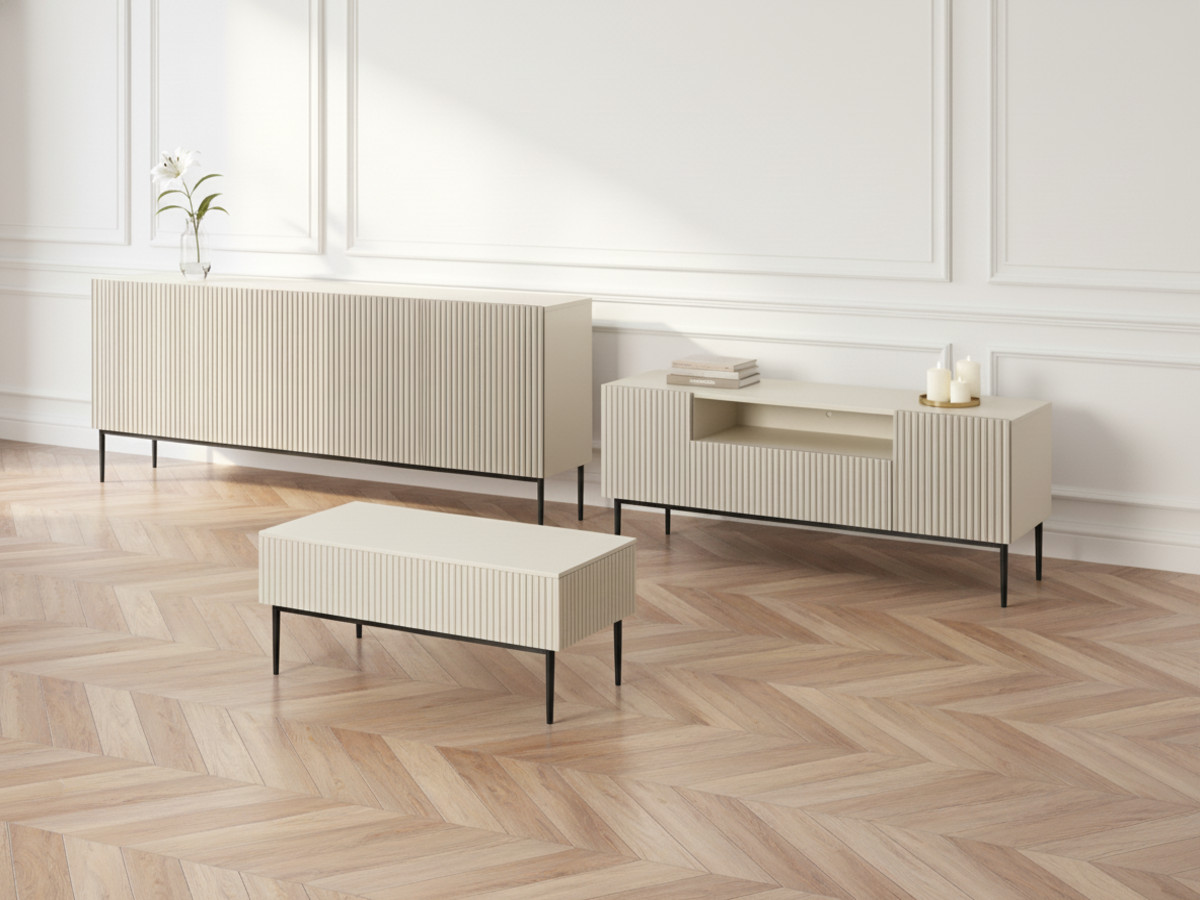 Ensemble KASHA avec meuble TV 200 cm avec niche + buffet 4 portes 200 cm + table basse pieds noirs