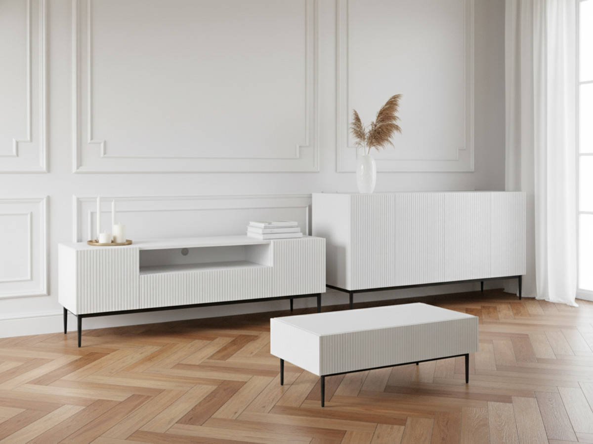 Ensemble KASHA avec meuble TV 200 cm avec niche + buffet 4 portes 200 cm + table basse pieds noirs blanc — vue 5