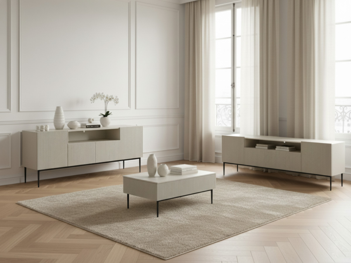 Ensemble KASHA avec meuble TV 200 cm avec niche + buffet 4 portes 200 cm + table basse pieds noirs