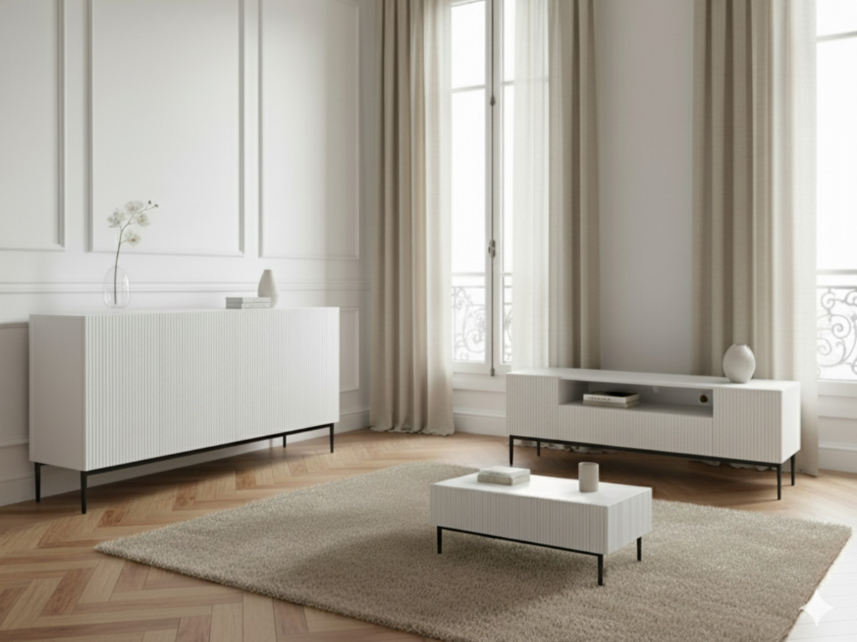 Ensemble KASHA avec meuble TV 200 cm avec niche + buffet 4 portes 200 cm + table basse pieds noirs blanc — vue 4