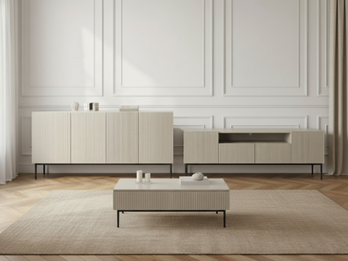 Ensemble KASHA avec meuble TV 200 cm avec niche + buffet 4 portes 200 cm + table basse pieds noirs