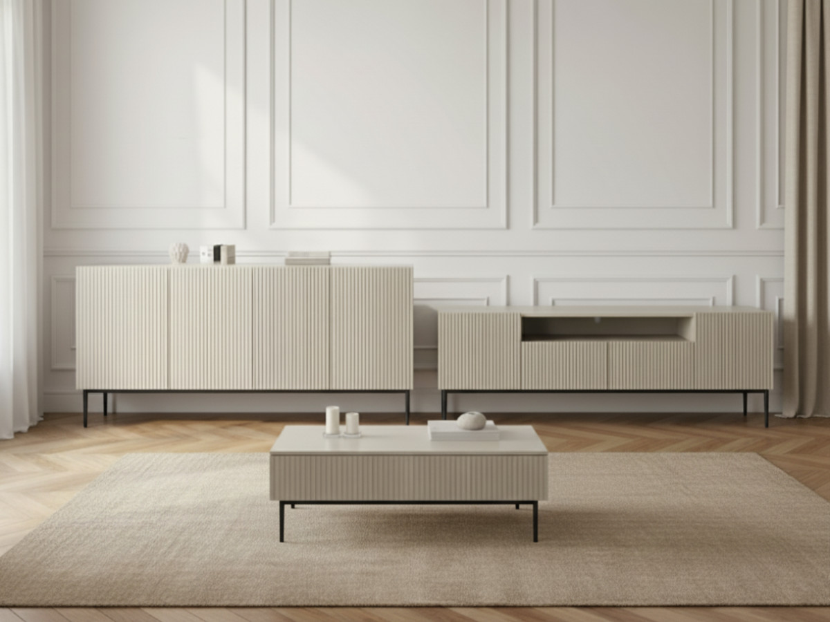 Ensemble KASHA avec meuble TV 200 cm avec niche + buffet 4 portes 200 cm + table basse pieds noirs beige