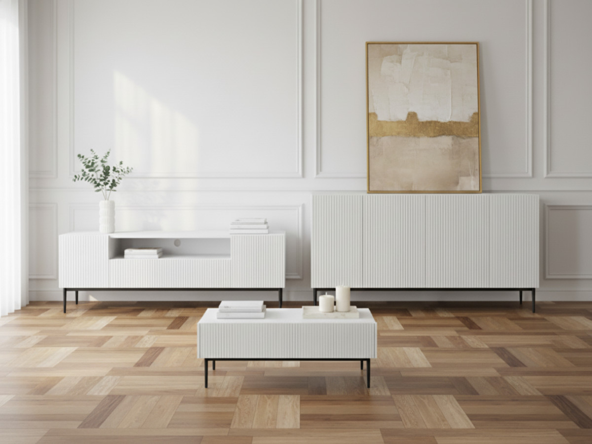 Ensemble KASHA avec meuble TV 200 cm avec niche + buffet 4 portes 200 cm + table basse pieds noirs