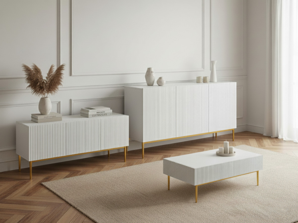 Ensemble KASHA avec meuble TV 150 cm + buffet 150 cm + table basse pieds or