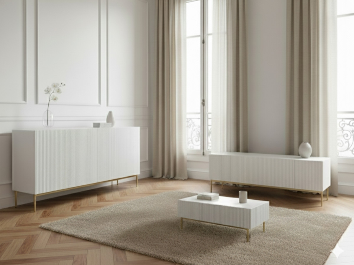 Ensemble KASHA avec meuble TV 150 cm + buffet 150 cm + table basse pieds or blanc — vue 4