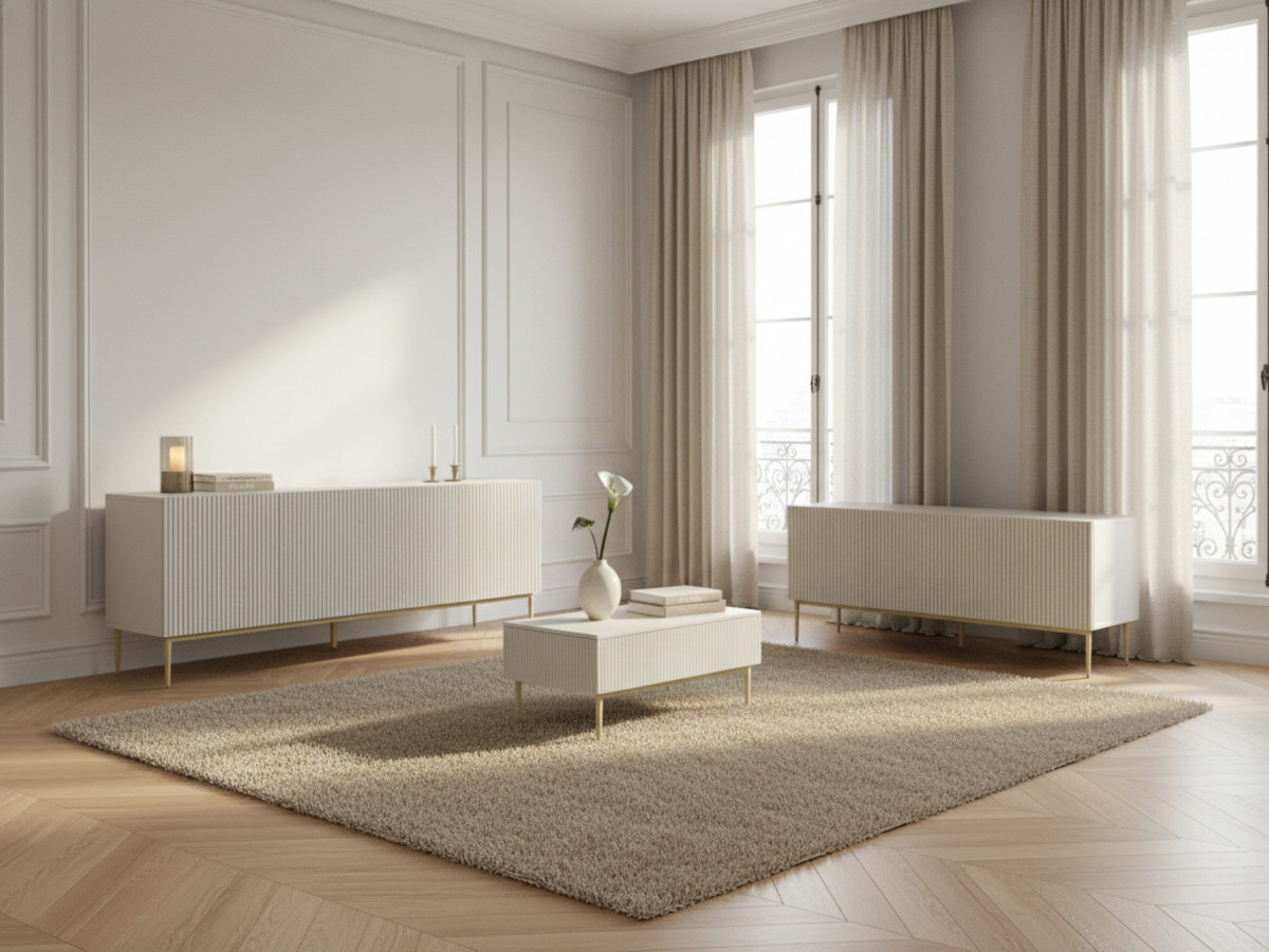 Ensemble KASHA Meuble TV 200 cm pieds or + Buffet 4 portes 200 cm pieds or