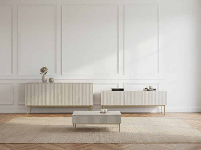 Ensemble KASHA avec meuble TV 200 cm + buffet 4 portes 200 cm + table basse pieds or