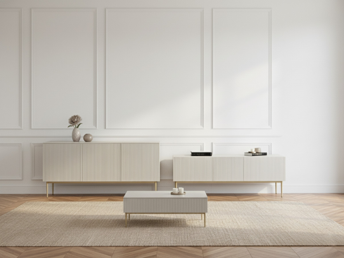 Ensemble KASHA Meuble TV 200 cm pieds or + Buffet 4 portes 200 cm pieds or