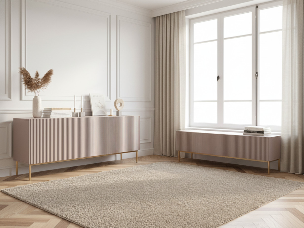 Ensemble KASHA avec Meuble TV 200 cm + Buffet 4 portes 200 cm pieds or