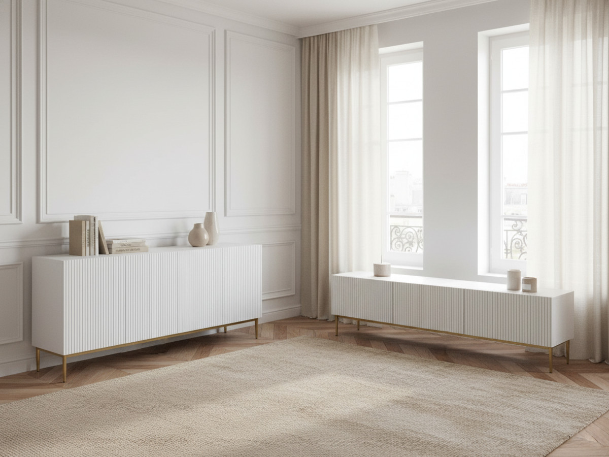 Ensemble KASHA avec Meuble TV 200 cm + Buffet 4 portes 200 cm pieds or