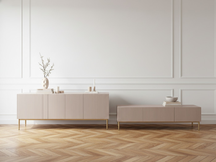 Ensemble KASHA avec Meuble TV 200 cm + Buffet 4 portes 200 cm pieds or