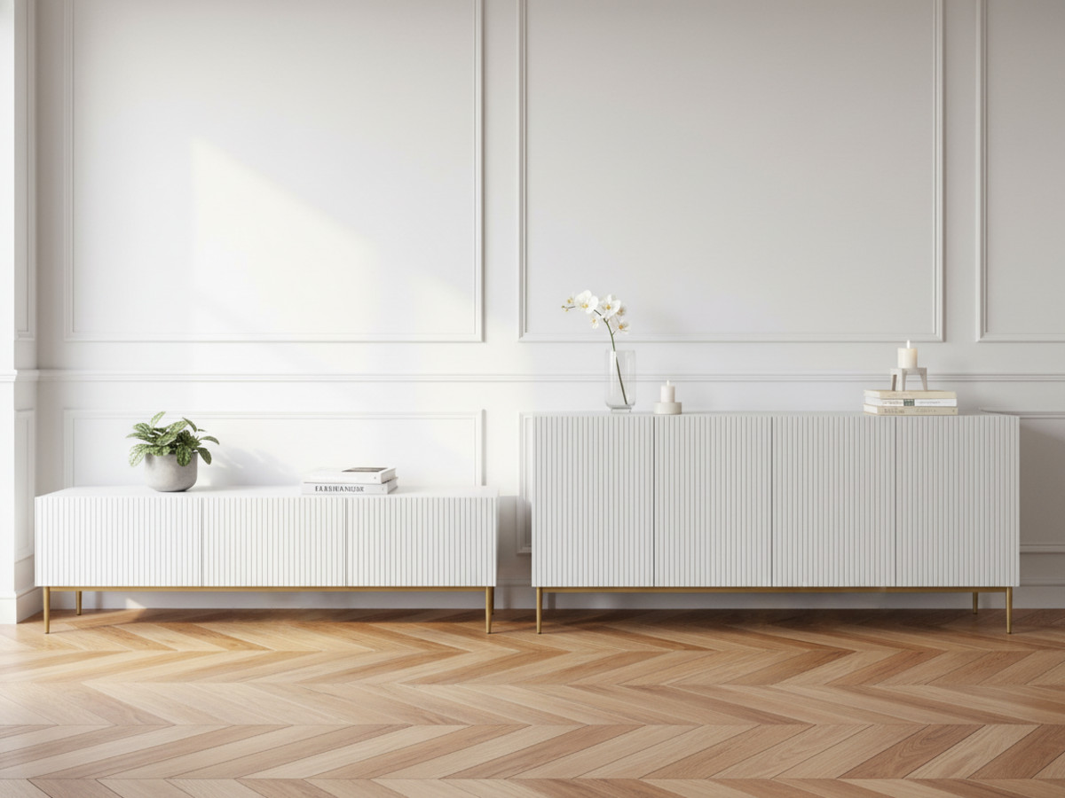 Ensemble KASHA avec Meuble TV 200 cm + Buffet 4 portes 200 cm pieds or