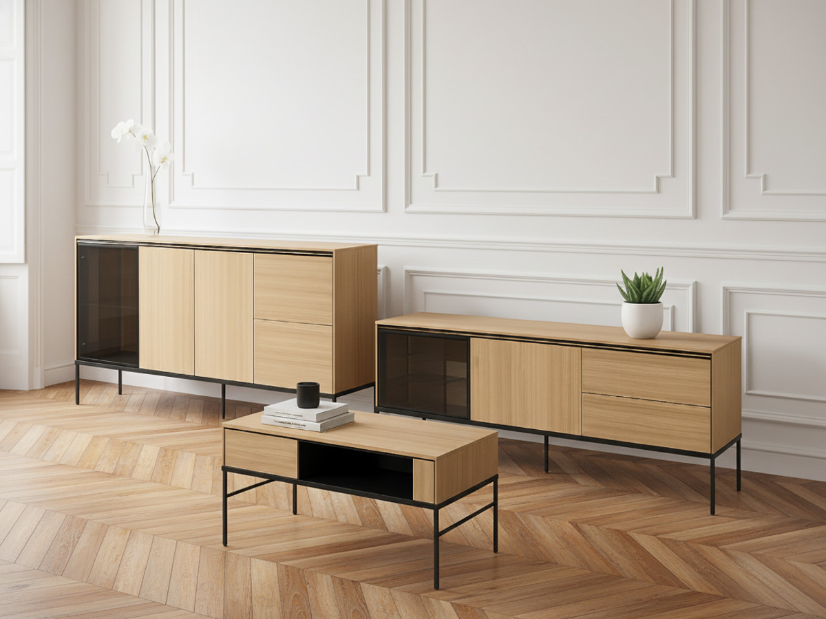 Ensemble VERONA avec buffet 167 cm + meuble TV 167 cm + table basse effet chêne et verre fumé avec LEDS