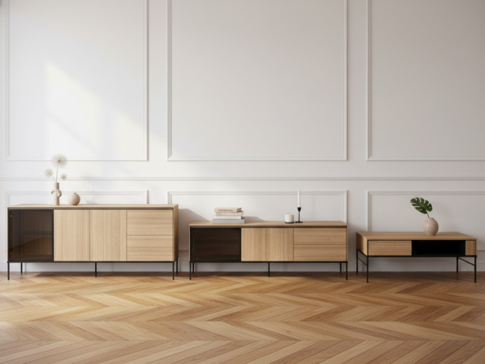 Ensemble VERONA avec buffet 167 cm + meuble TV 167 cm + table basse effet chêne et verre fumé avec LEDS