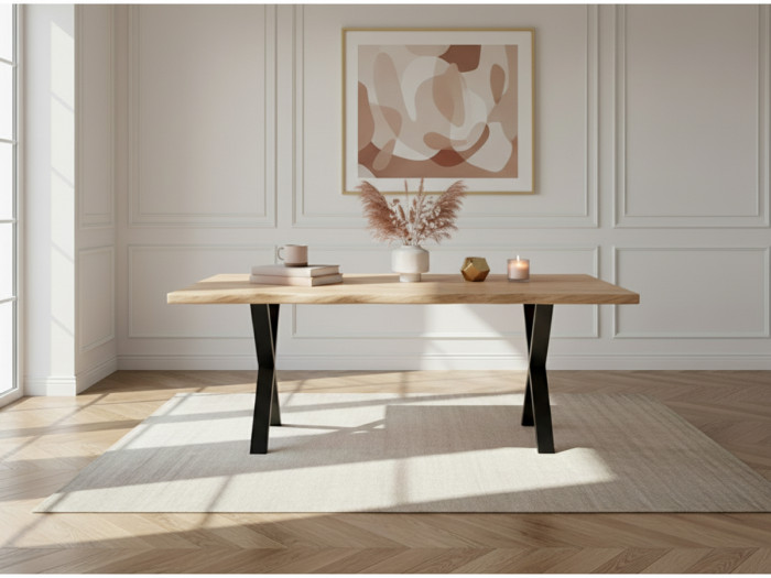 Ensemble AWANI avec table à manger extensible pieds croix chêne massif + chaises velours côtelé