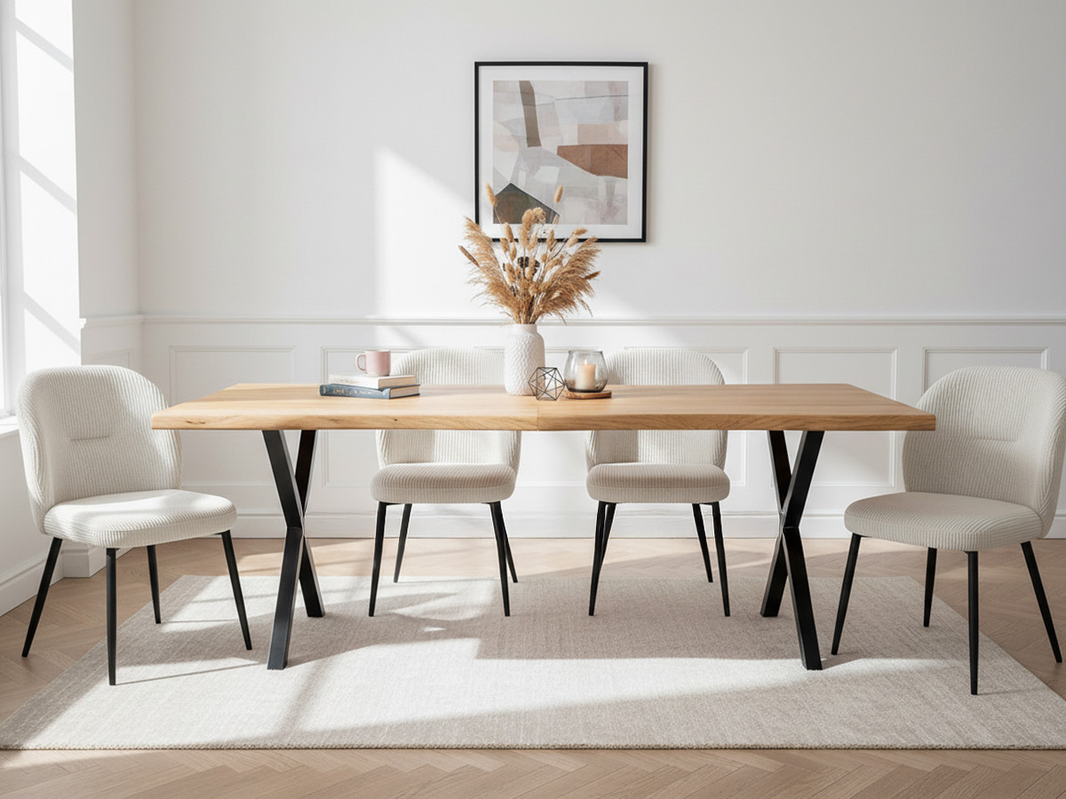 AWANI set met uitschuifbare eettafel met massief eikenhouten kruispoten + corduroy stoelen