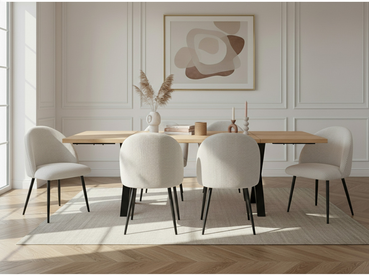 AWANI set met uitschuifbare eettafel met massief eikenhouten kruispoten + corduroy stoelen