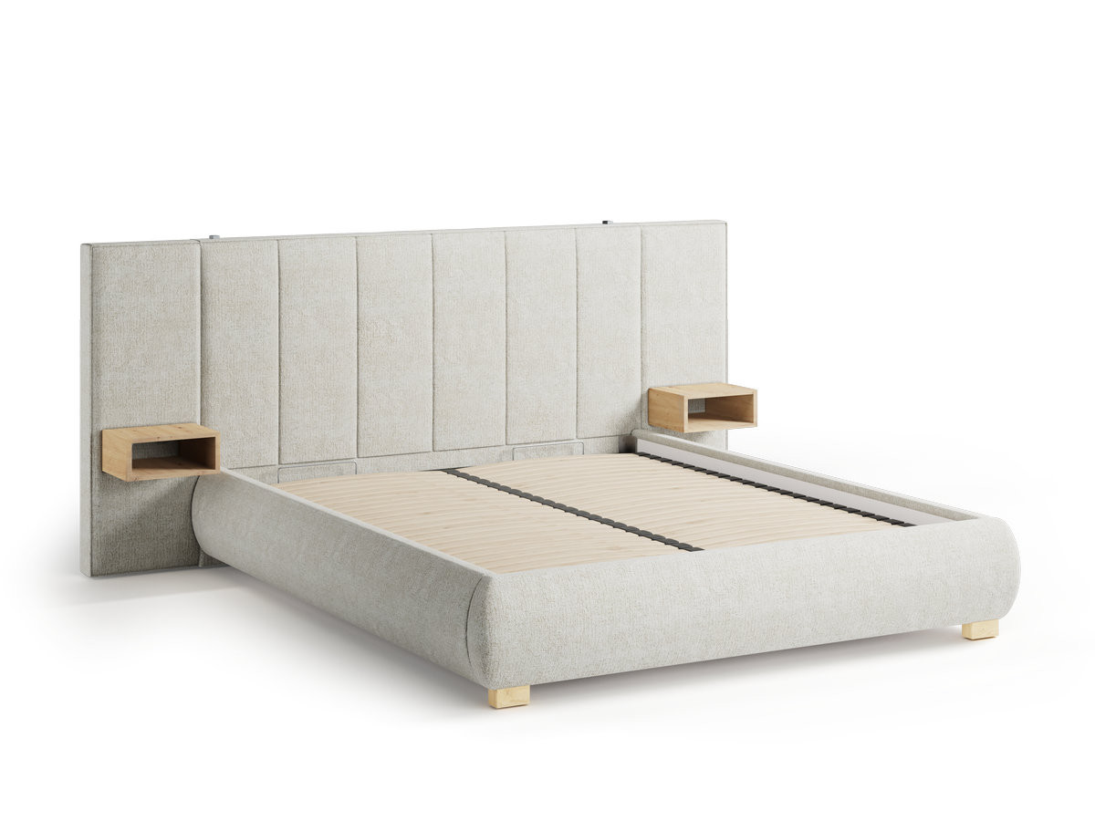 aloe opbergbed met gestoffeerd hoofdbord, nachtkastjes en geïntegreerde led-verlichting gekleurd beige