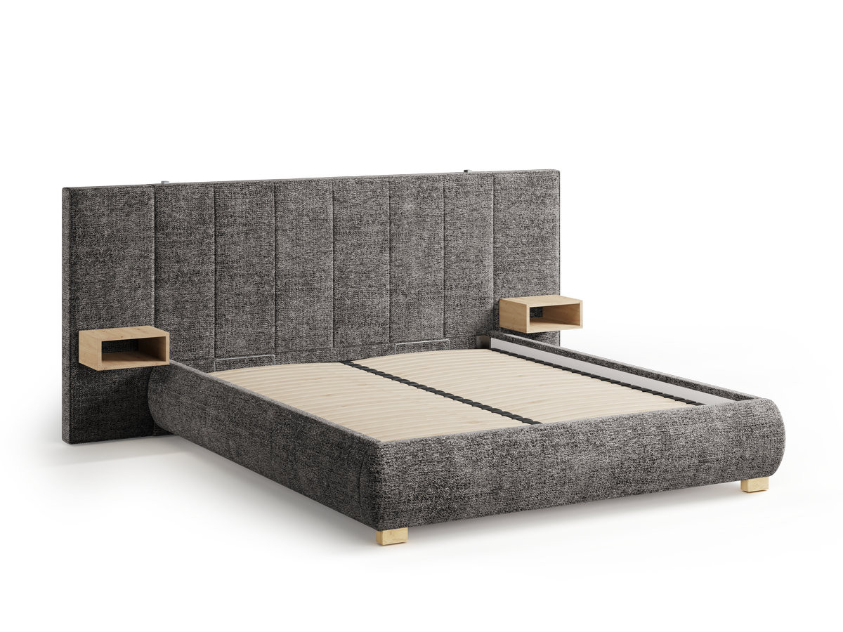 aloe opbergbed met gestoffeerd hoofdbord, nachtkastjes en geïntegreerde led-verlichting gekleurd grijs