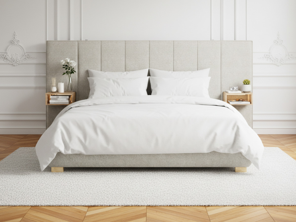 Lit coffre ALOE avec tête de lit capitonnée chevets et LED intégrées Lit coffre ALOE avec tête de lit capitonnée chevets et LED intégrées