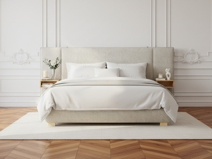 Lit coffre ALOE avec tête de lit capitonnée chevets et LED intégrées