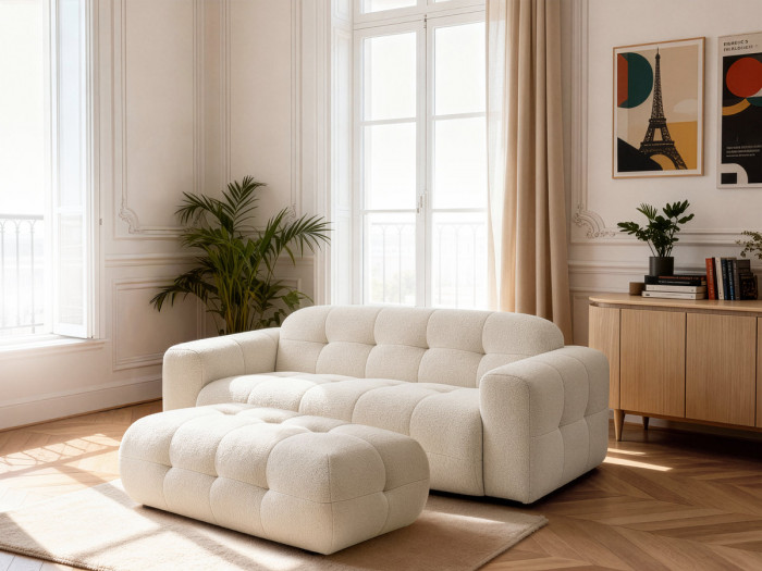 Canapé droit fixe 3 places LAURA tissu chiné avec grand pouf