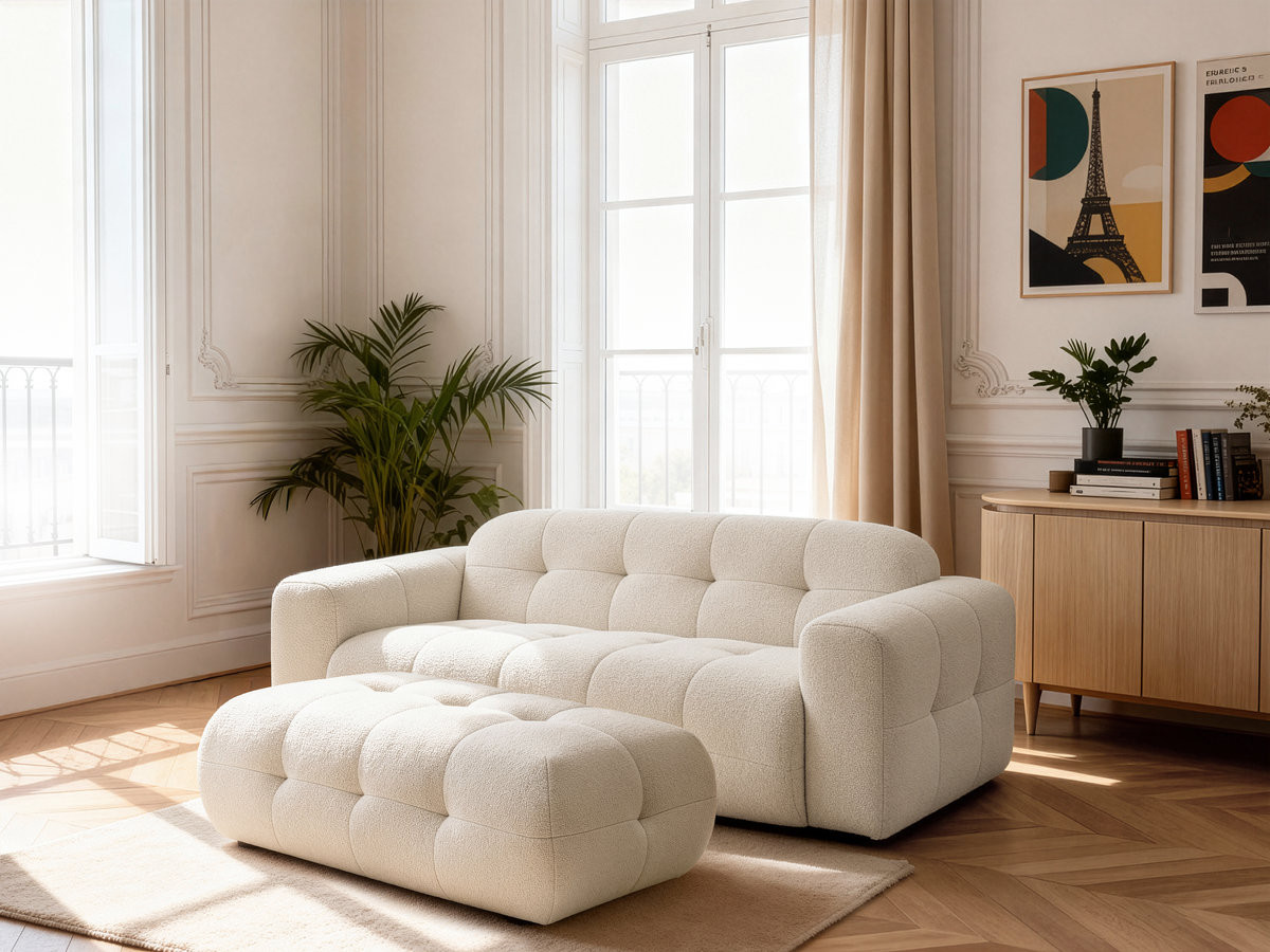 Canapé droit fixe 3 places LAURA tissu chiné avec grand pouf