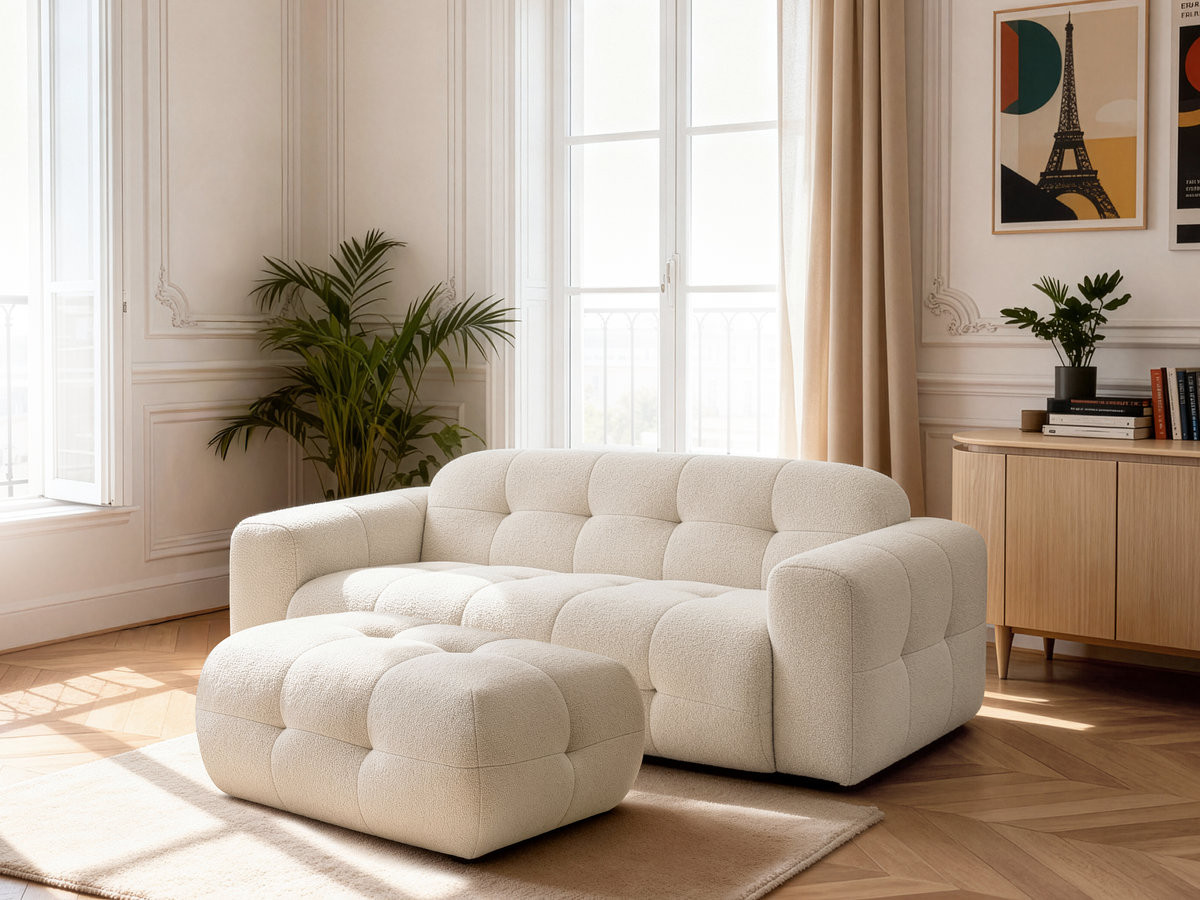 LAURA vaste 3-zits rechte bank in gemêleerde stof met kleine poef