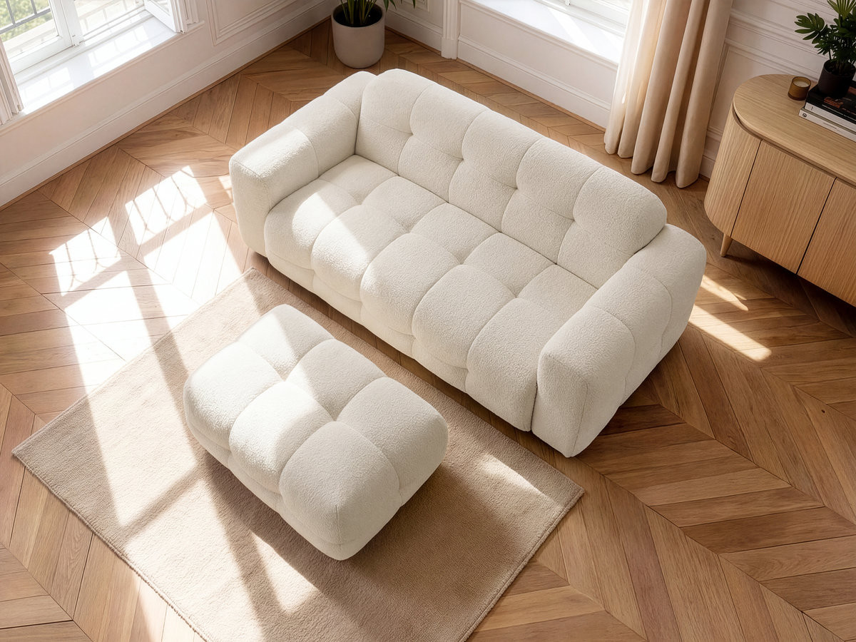 LAURA vaste 3-zits rechte bank in gemêleerde stof met kleine poef