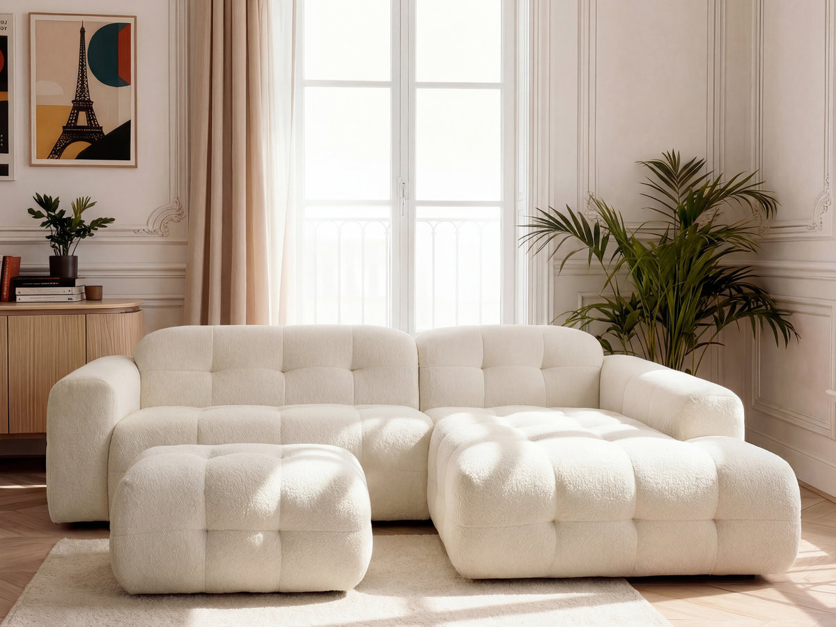 LAURA vaste hoekbank in gemêleerde stof met grote voetenbank