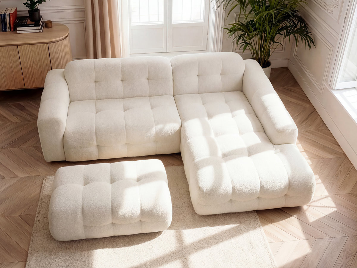 LAURA vaste hoekbank in gem?leerde stof met grote voetenbank