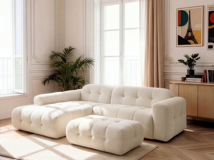 Canapé d'angle fixe LAURA tissu chiné avec grand pouf