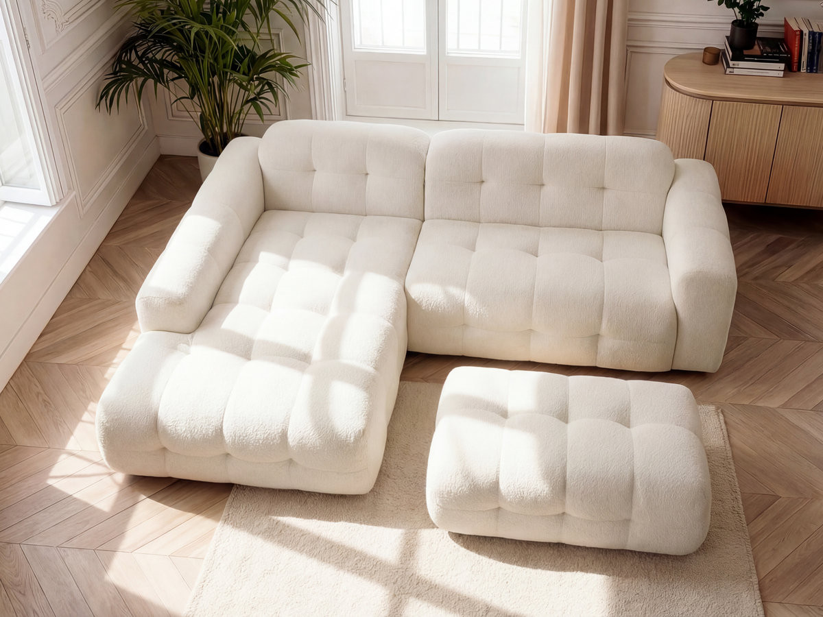 Canapé d'angle fixe LAURA tissu chiné avec grand pouf