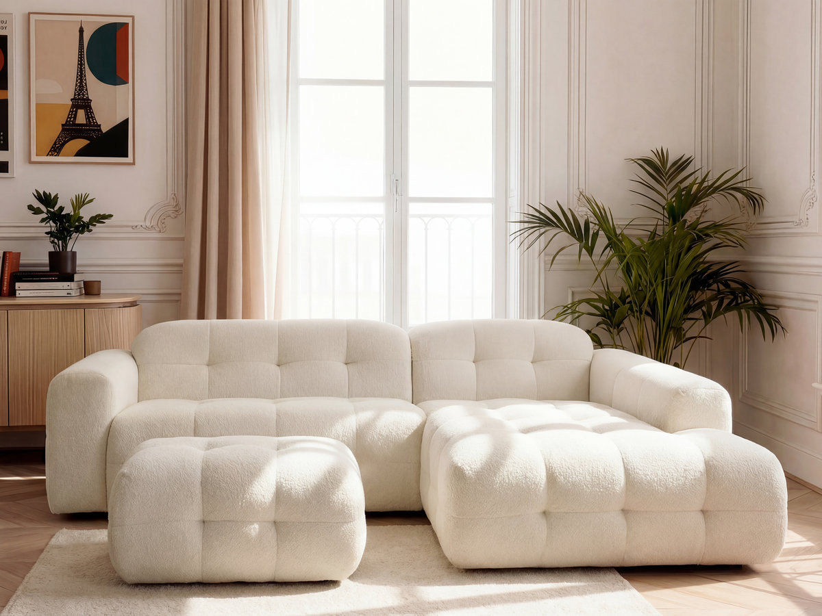 LAURA vaste hoekbank in gemêleerde stof met kleine poef