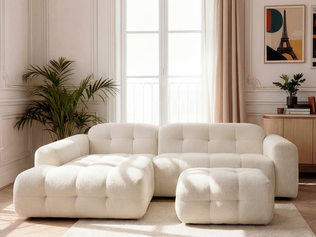 LAURA vaste hoekbank in gemêleerde stof met kleine poef