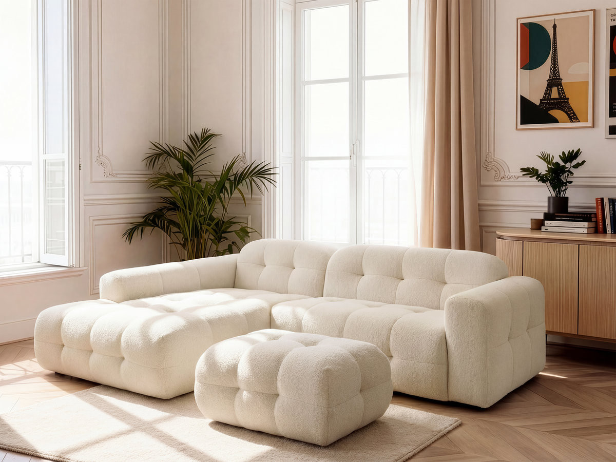 Canapé d'angle LAURA chiné avec petit pouf beige