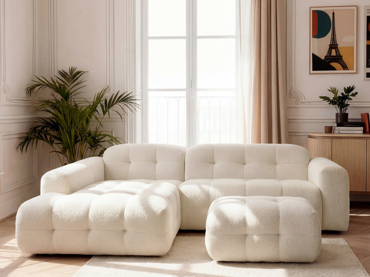 LAURA vaste hoekbank in gemêleerde stof met grote voetenbank