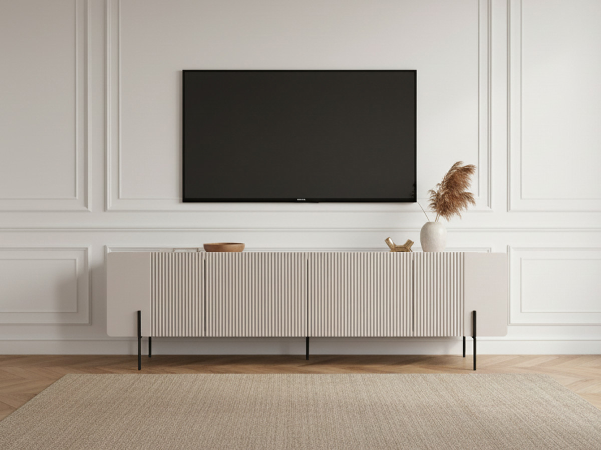 Meuble TV 2 portes 2 tiroirs 200 cm MATHILDE plateau effet marbre et pieds noirs beige