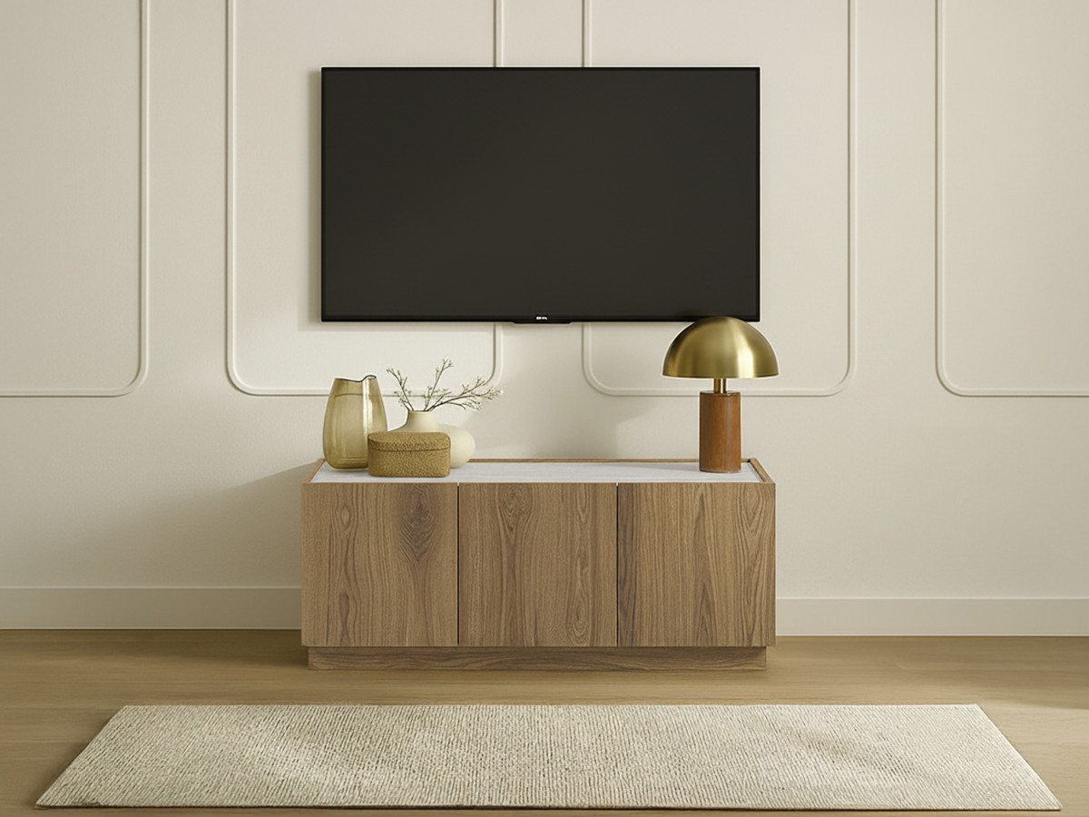 Meuble TV 3 portes 120 cm MARION effet chêne et travertin