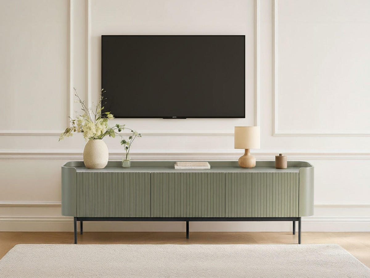 Meuble TV 3 portes 180 cm JAY effet tasseaux vert — vue 4