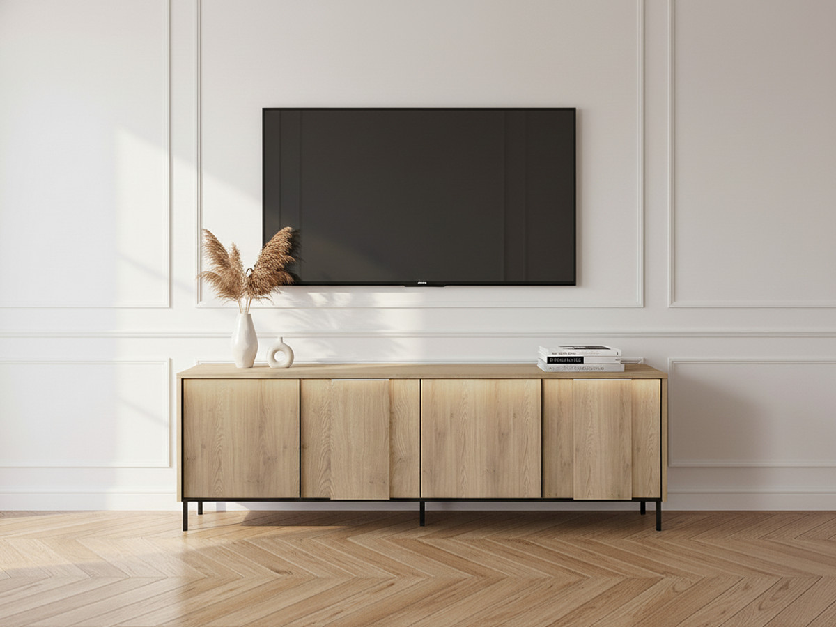 Meuble TV 4 portes 167 cm TILIA imitation chêne avec LED — vue 4