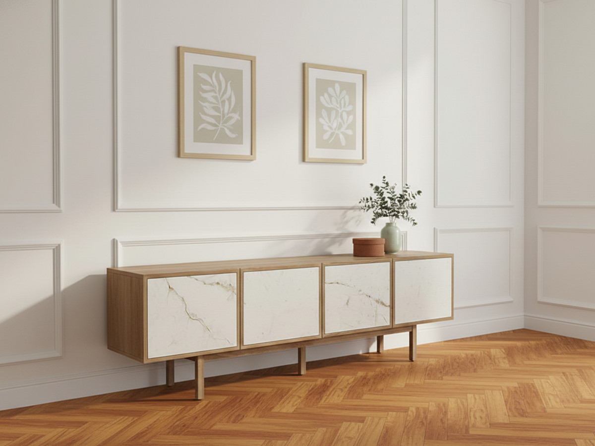 BARI 4-deurs tv-meubel 180 cm massief eiken fineer en keramiek