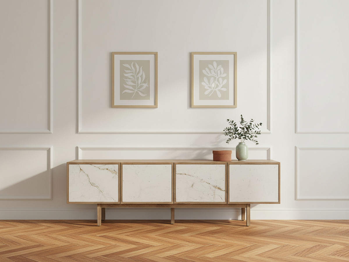 Meuble TV 4 portes 180 cm BARI placage chêne massif et céramique