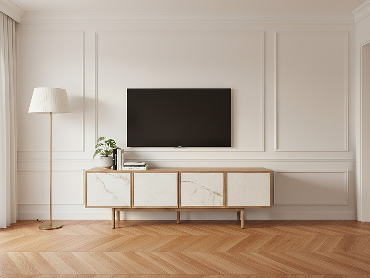 BARI 4-deurs tv-meubel 180 cm massief eiken fineer en keramiek