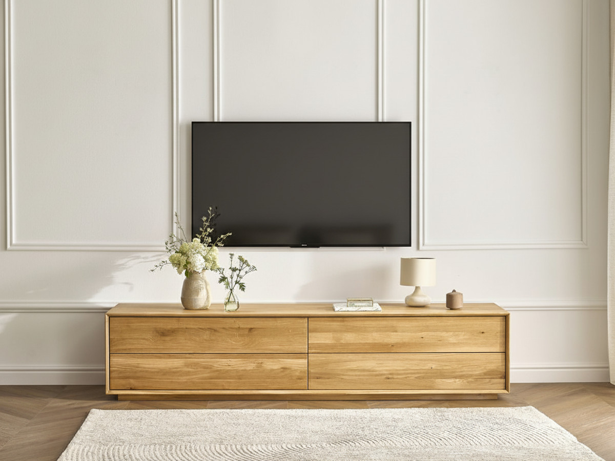 Meuble TV 4 tiroirs 218 cm VICTORIA chêne massif