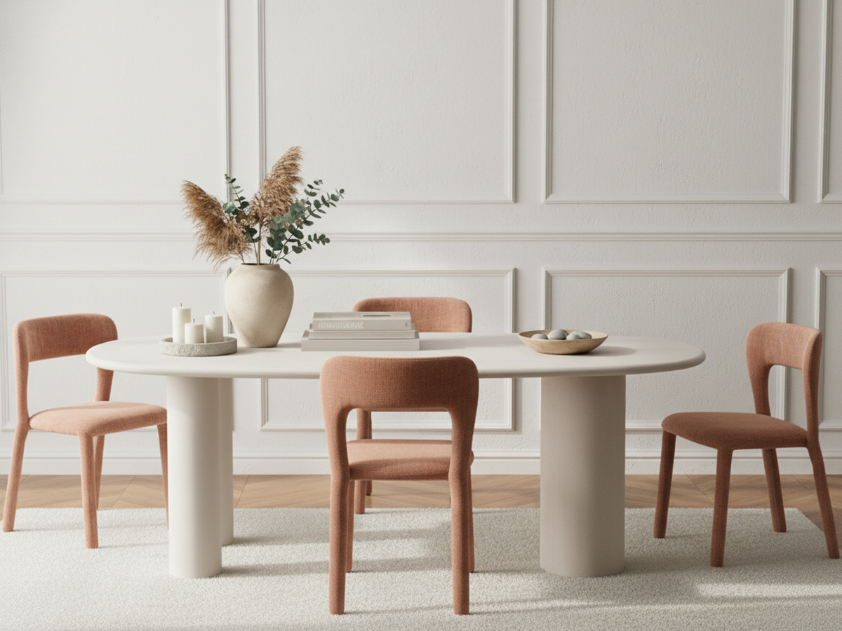 Ensemble CONSTANCE avec table à manger ovale 200 cm beige effet béton + 4 chaises PIA Ensemble CONSTANCE avec table à manger ovale 200 cm beige effet béton + 4 chaises PIA